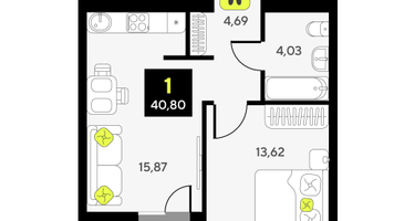 1-к. квартира, 40&nbsp;м²