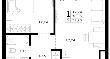 1-к. квартира, 39&nbsp;м²