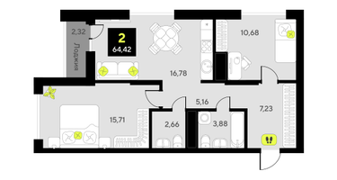 2-к. квартира, 64&nbsp;м²