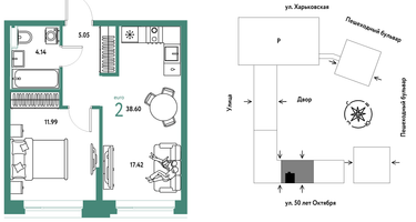 2-к. квартира, 38 м²