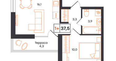1-к. квартира, 37&nbsp;м²