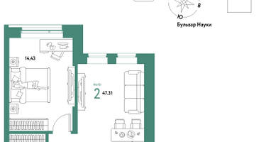 2-к. квартира, 47&nbsp;м²