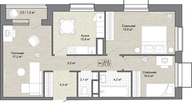 3-к. квартира, 71 м²