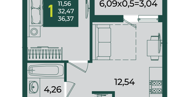 1-к. квартира, 36&nbsp;м²