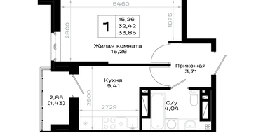 1-к. квартира, 33&nbsp;м²