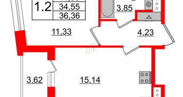 1-к. квартира, 34&nbsp;м²