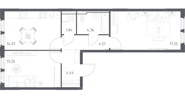2-к. квартира, 60&nbsp;м²