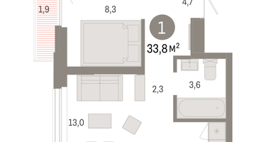 1-к. квартира, 33&nbsp;м²