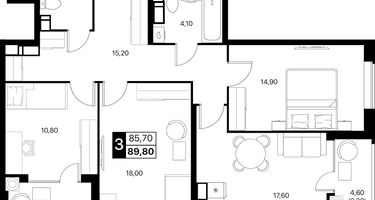 3-к. квартира, 89 м²