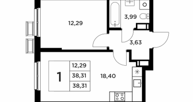 1-к. квартира, 38&nbsp;м²