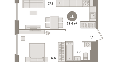 1-к. квартира, 38 м²