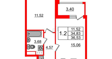 1-к. квартира, 34&nbsp;м²