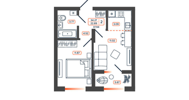2-к. квартира, 37&nbsp;м²