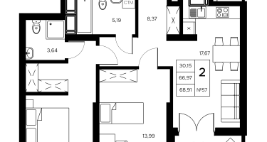 2-к. квартира, 68&nbsp;м²