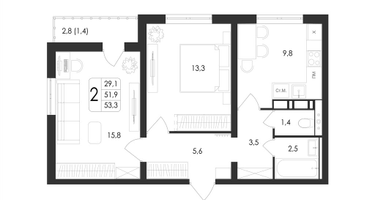 2-к. квартира, 53&nbsp;м²
