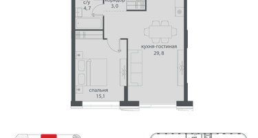 1-к. квартира, 57 м²
