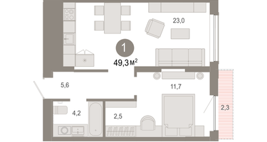 1-к. квартира, 49&nbsp;м²