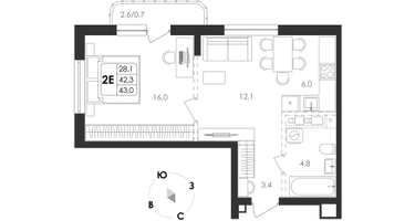 2-к. квартира, 43 м²