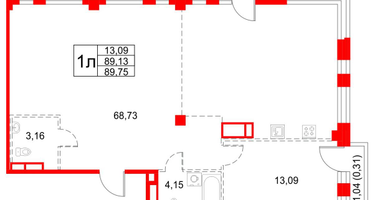 1-к. квартира, 89&nbsp;м²