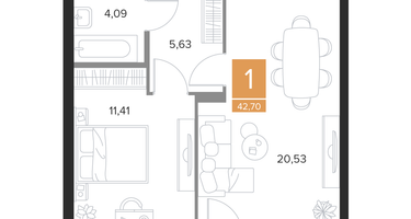 1-к. квартира, 42&nbsp;м²