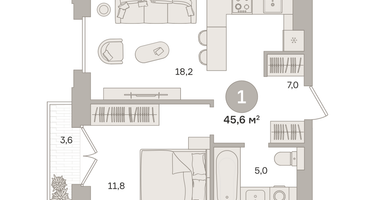 1-к. квартира, 45&nbsp;м²