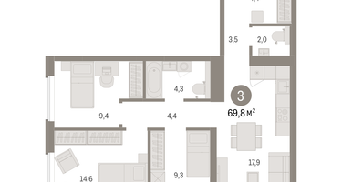 3-к. квартира, 69 м²