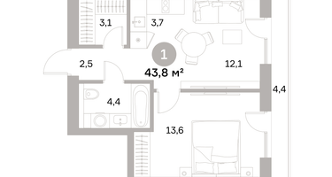 1-к. квартира, 43&nbsp;м²
