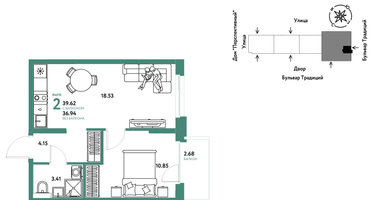2-к. квартира, 39&nbsp;м²