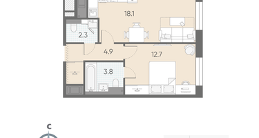 1-к. квартира, 41&nbsp;м²