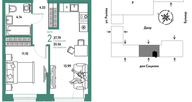 2-к. квартира, 37 м²
