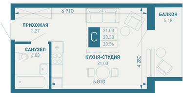 Студия, 34&nbsp;м²