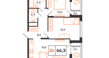 2-к. квартира, 66&nbsp;м²