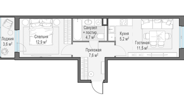 2-к. квартира, 43&nbsp;м²