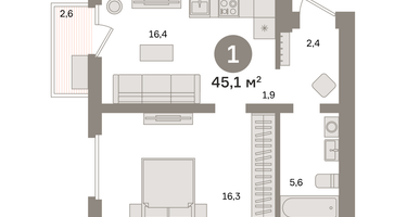 1-к. квартира, 45&nbsp;м²