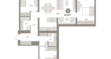 3-к. квартира, 113&nbsp;м²