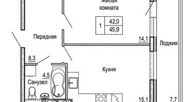 1-к. квартира, 45&nbsp;м²