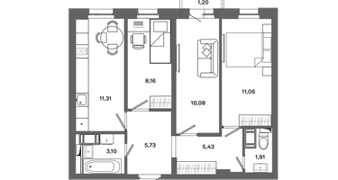 3-к. квартира, 56 м²