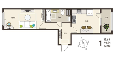 1-к. квартира, 43 м²