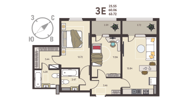 2-к. квартира, 63&nbsp;м²