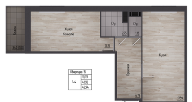 1-к. квартира, 42&nbsp;м²
