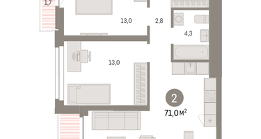2-к. квартира, 70 м²