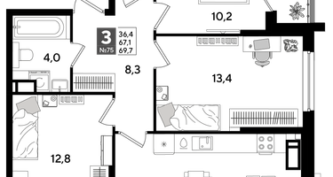 3-к. квартира, 68 м²