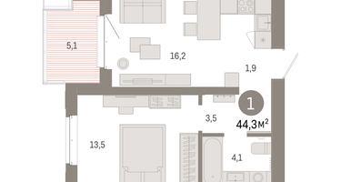 1-к. квартира, 44&nbsp;м²