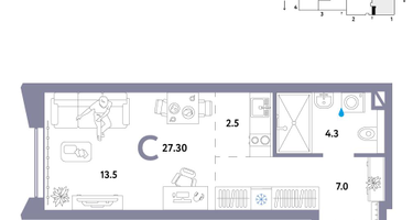 1-к. квартира, 27&nbsp;м²