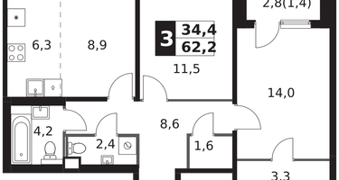 3-к. квартира, 62&nbsp;м²