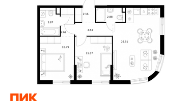 2-к. квартира, 59 м²