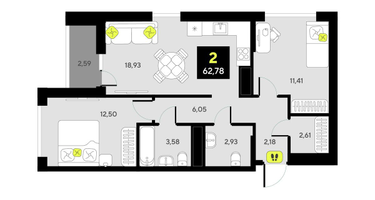 2-к. квартира, 62&nbsp;м²