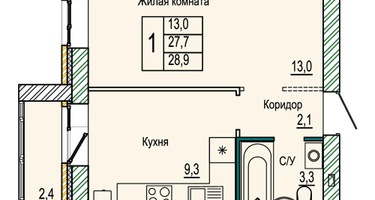 1-к. квартира, 28 м²