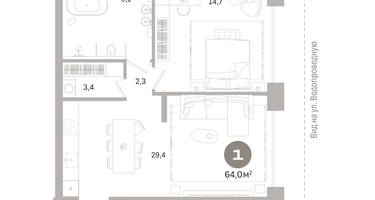 1-к. квартира, 64 м²