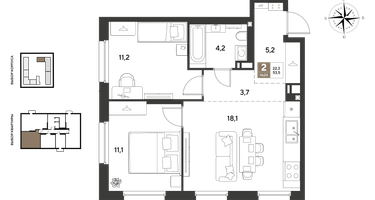2-к. квартира, 53&nbsp;м²